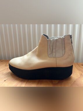 Cream Leather Platform Chelsea Bootie with Ruffle